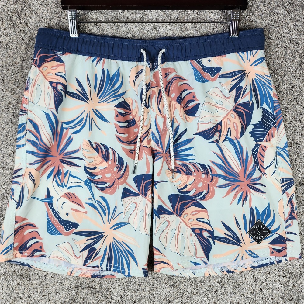 Salty Crew Board Shorts Mens Large Tropical Fish Palm Print Blue Swim NWOT